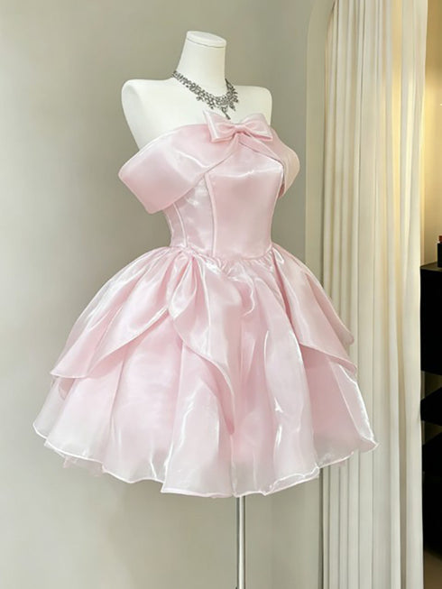 Pink Off Shoulder Mini Prom Dress, Pink Bowknot Puffy Organza Homecoming Dress