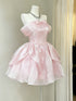 Pink Off Shoulder Mini Prom Dress, Pink Bowknot Puffy Organza Homecoming Dress