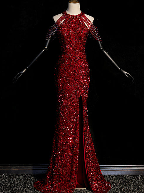 Wine Red Sequins Halter Mermaid Floor Length Party Dress, Wine Red Sequins Long Prom Dress