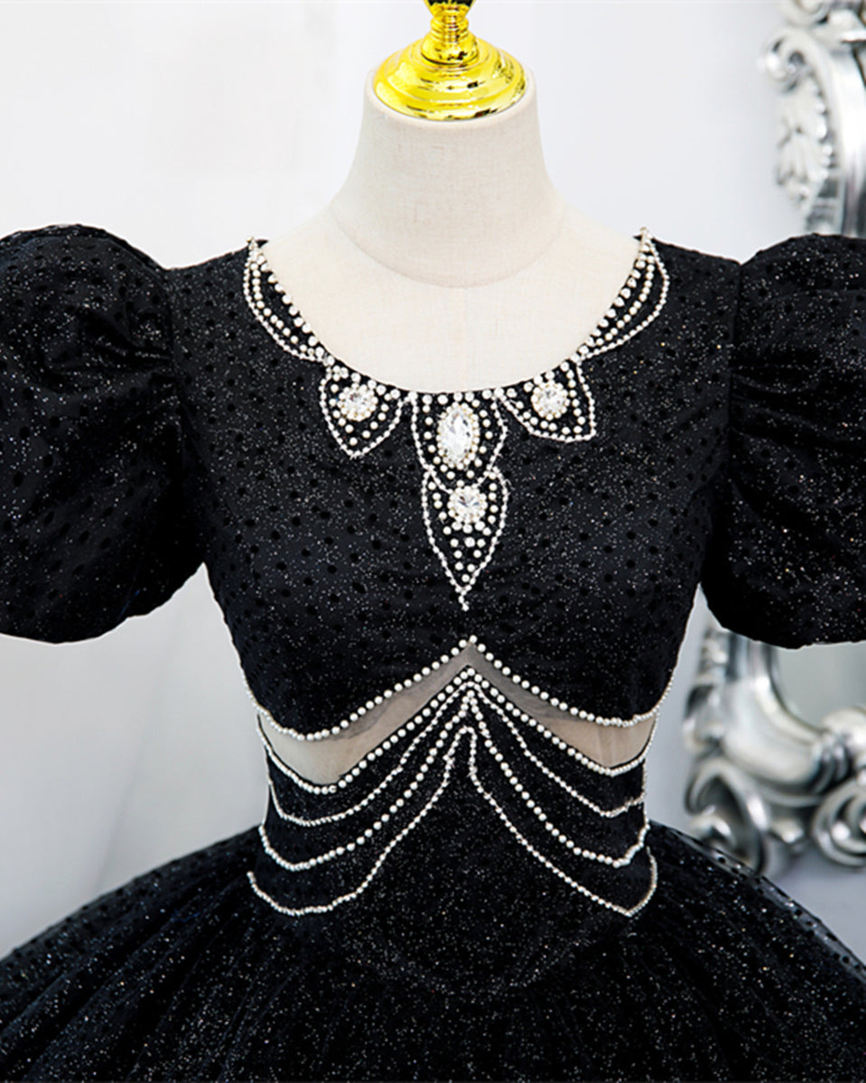 Black Tulle Puffy Long Sleeves Party Dress with Beadings, Black Tulle Prom Dress