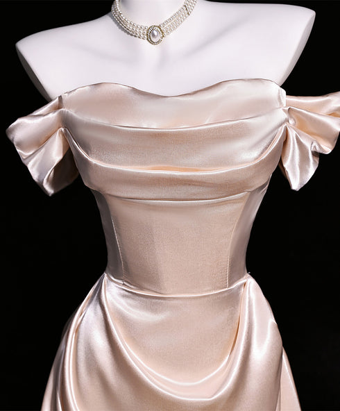 Champagne Strapless Satin Off Shoulder Prom Dress, A-line Satin Evening Dress