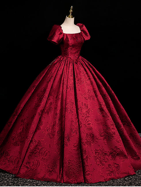 Wine Red Satin Short Sleeves Long Evening Dress, Wine Red Satin Prom Dress Party Dress