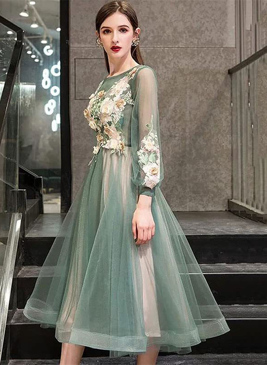 tea length green bridesmaid dresses Ladivine by Cinderella Divine Greenery Tea Length Satin A-Line Dress 16 main image 0