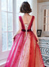Red V-neckline Tulle A-line Long Prom Dress, Red Tulle Evening Dress Party Dress