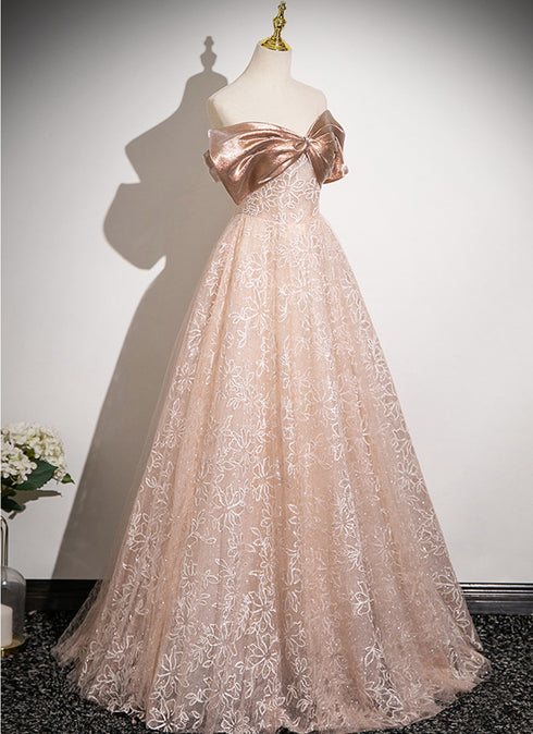 A-line Champagne Lace Off Shoulder Sweetheart Party Dress, Champagne Prom Dress