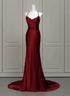 Wine Red Satin Mermaid Straps Low Back Prom Dress, Wine Red Evening Dress