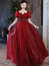 Wine Red Short Sleeves A-line Tulle Long Prom Dress, Wine Red Long Evening Dress
