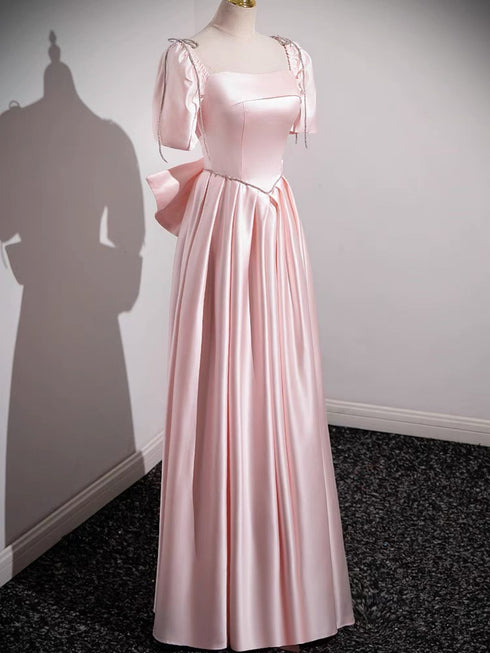Pink Satin Short Sleeves A-line Floor Length Prom Dress, Pink Satin Party Dress with Bow