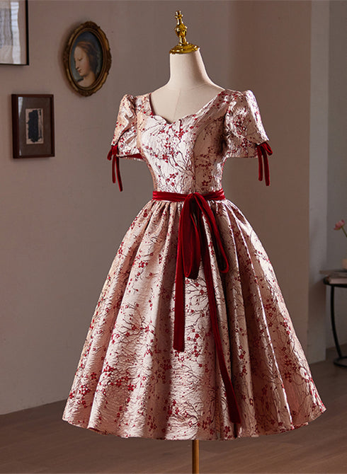 Beautiful Short Floral Satin Party Dress Homecoming Dress, Satin Evening Dress