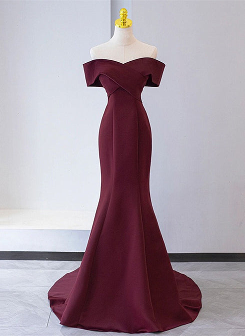 Charming Mermaid Lace-up Satin Long Formal Dress, Burgundy Off Shoulder Evening Dress