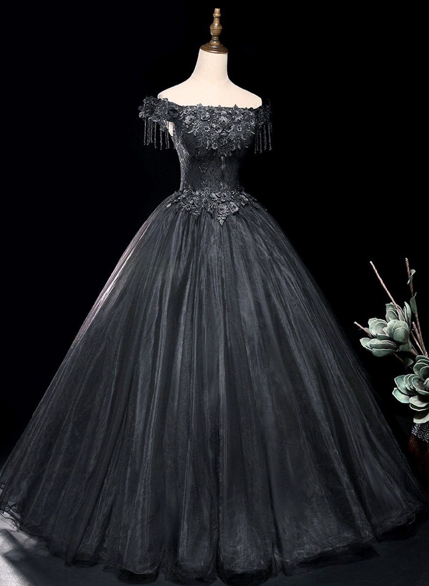 Black Tulle Off Shoulder with Lace Applique Party Dress, Black Tulle L