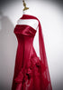 Strapless Wine Red Formal Gown With Organza Skirt, Wine Red Satin A-Line Prom Dress