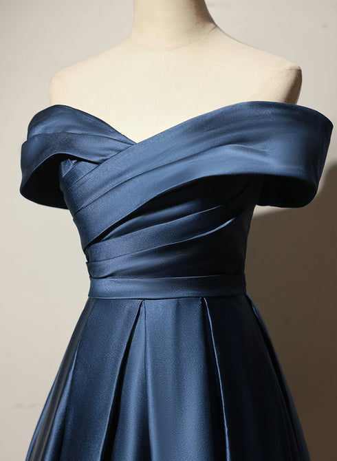 A-line Navy Blue Satin Long Party Dress, Navy Blue Prom Dress
