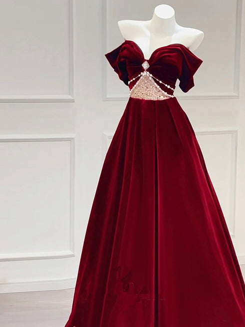 Wine Red Velvet A-line Off Shoulder Party Dress, Wine Red Velvet Long Prom Dress