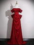 Wine Red Satin Off Shoulder Long Formal Dress with Bow, Wine Red Satin Evening Dress Prom Dress