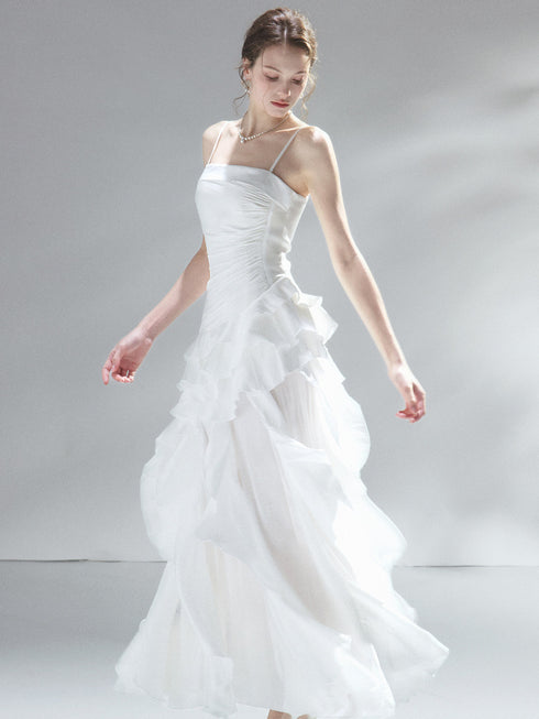 White Satin Straps A-line Long Prom Dress Party Dress, White Layers Long Evening Dress