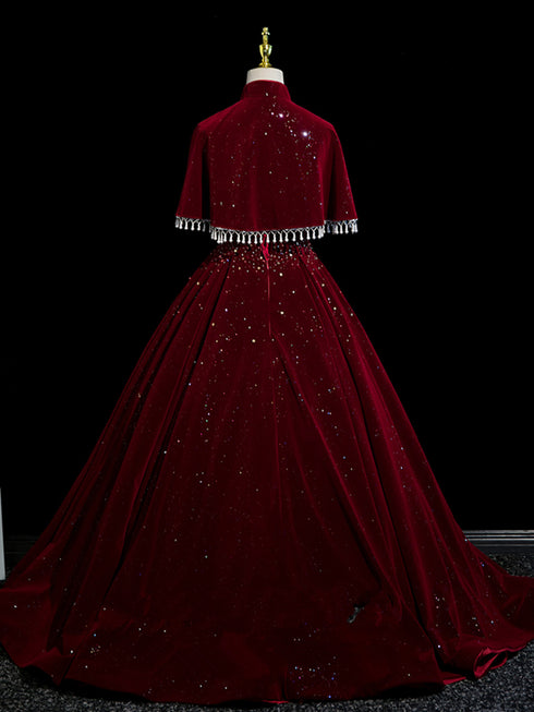 Wine Red Velvet V-neckline Long Party Dress Evening Dress, Wine Red Velvet Prom Dress