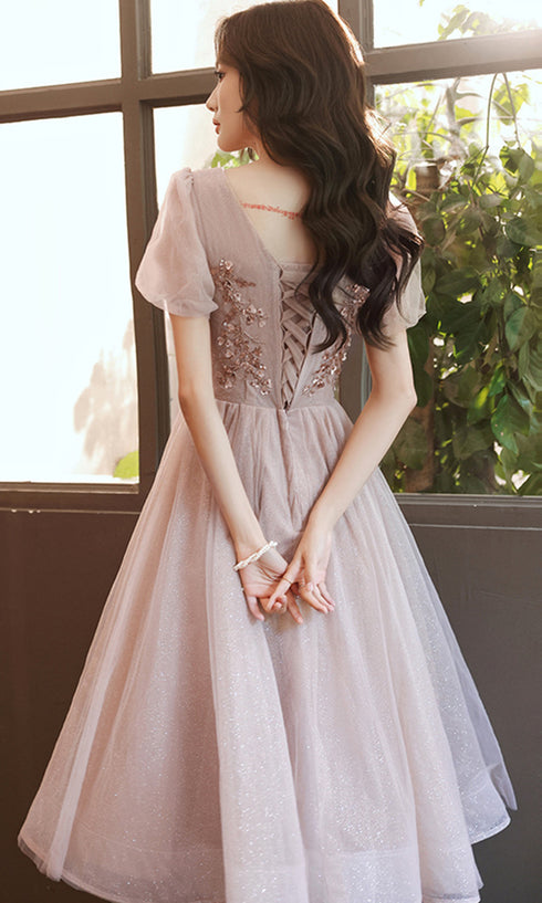 Pink Tulle Short Sleeves Beaded Knee Length Party Dress, Pink Tulle Homecoming Dress