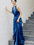 Blue Satin Halter Prom Dress, Blue Low Back Ruched Floor Length Evening Gown