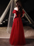A-line Wine Red Off Shoulder Shiny Tulle Prom Dress, Sweetheart Simple Long Party Dress