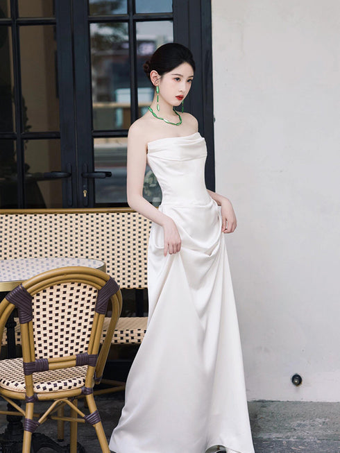 White Satin Strapless Floor Length Wedding Party Dress, White Satin Long Prom Dress