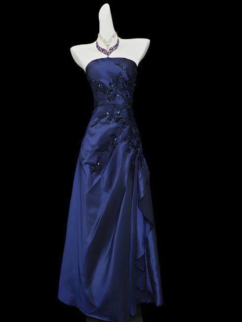 Strapless Navy Blue Prom Gown with Beaded Embroidery, A-line Navy Blue Long Party Dress