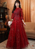 Wine Red Tulle Puffy Sleeves Long Party Dress, Wine Red Long Prom Dress