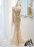 Lovely One Shoulder Champagne Sequins Mermaid Prom Dress, Champagne Evening Dress