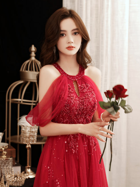Red Sequins and Beaded Off Shoulder Long Prom Dress, Red A-line Party Dress