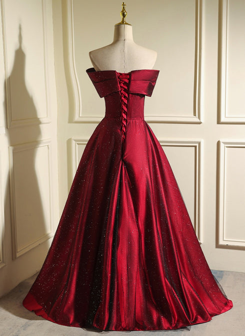 Wine Red and Black Sweetheart Off Shoulder Prom Dress, A-line Evening Dress