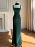 Elegant Emerald Green Satin Evening Dress, Square Neck Ruched Bodycon Maxi Prom Gown