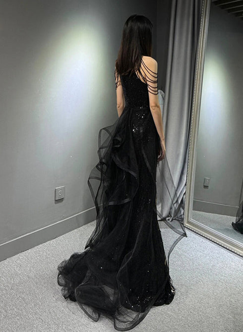 Black Halter Sequins Long Party Dress with God Lace, Black Long Evening Dress