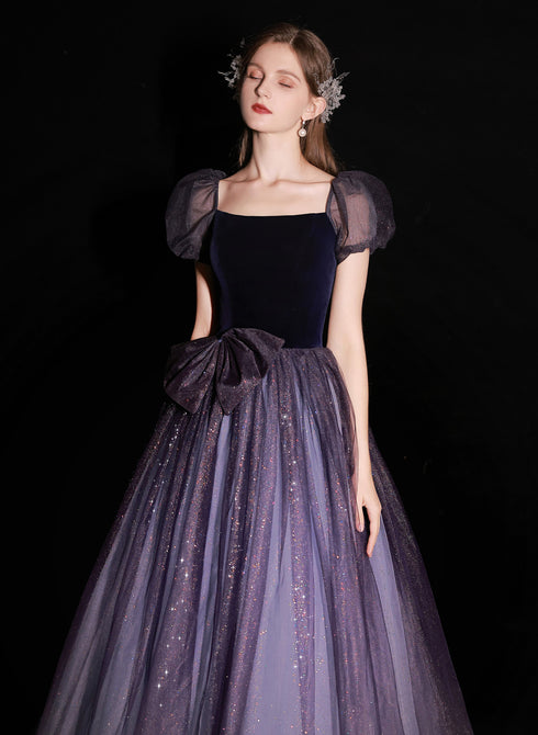 A-line Purple Short Sleeves Tulle and Velvet Long Prom Dress, Long Party Dress