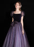 A-line Purple Short Sleeves Tulle and Velvet Long Prom Dress, Long Party Dress