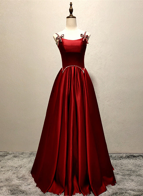 Wine Red Satin Straps Beaded Long Party Dress, Wine Red A-line Prom Dress