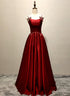 Wine Red Satin Straps Beaded Long Party Dress, Wine Red A-line Prom Dress