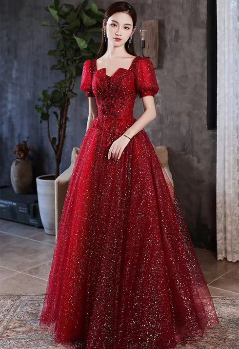 Wine Red Short Sleeves A-line Tulle Long Prom Dress, Wine Red Long Evening Dress
