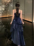 Navy Blue Mermaid Straps Sweetheart Long Evening Dress, Navy Blue Satin Prom Dress