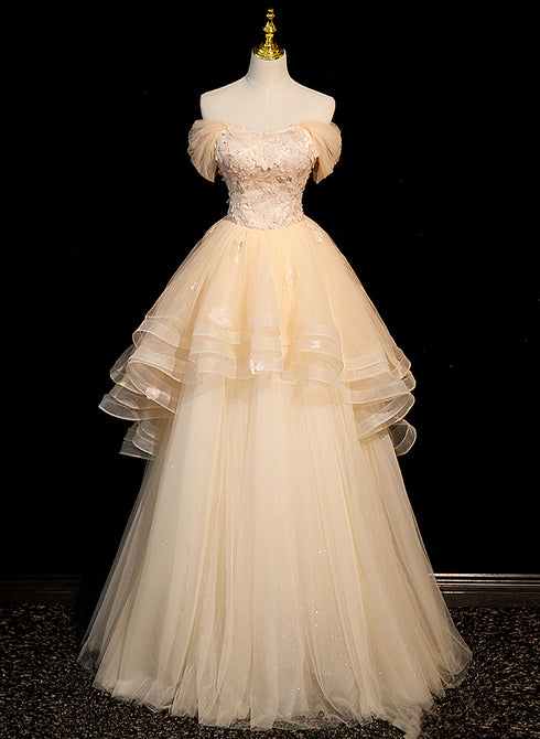 Cute Light Champagne Off Shoulder Sweetheart Prom Dress, Light Champagne Party Dress