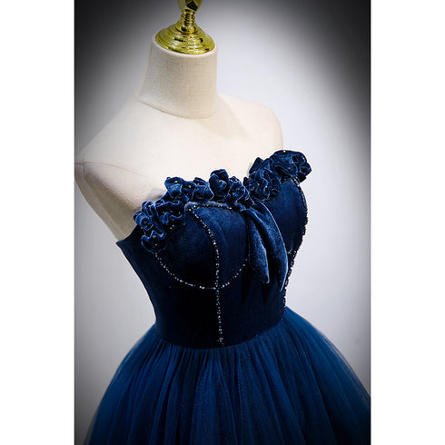 Blue Sweetheart Tulle and Velvet Long Party Dress, Blue Evening Dress Prom Dress