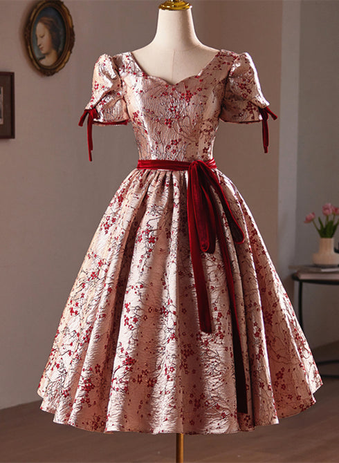 Beautiful Short Floral Satin Party Dress Homecoming Dress, Satin Evening Dress