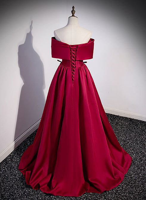 Wine Red Satin Sweetheart Long Evening Dress, Wine Red Satin Prom Dress