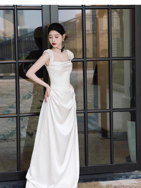 White Satin Strapless Floor Length Wedding Party Dress, White Satin Long Prom Dress