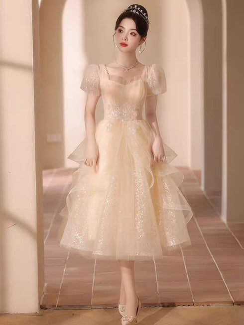 Sparkly Champagne Tulle Prom Dress with Puff Sleeves, Fairy Tea-Length Bridesmaid Homecoming Party Dress