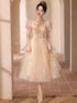 Sparkly Champagne Tulle Prom Dress with Puff Sleeves, Fairy Tea-Length Bridesmaid Homecoming Party Dress