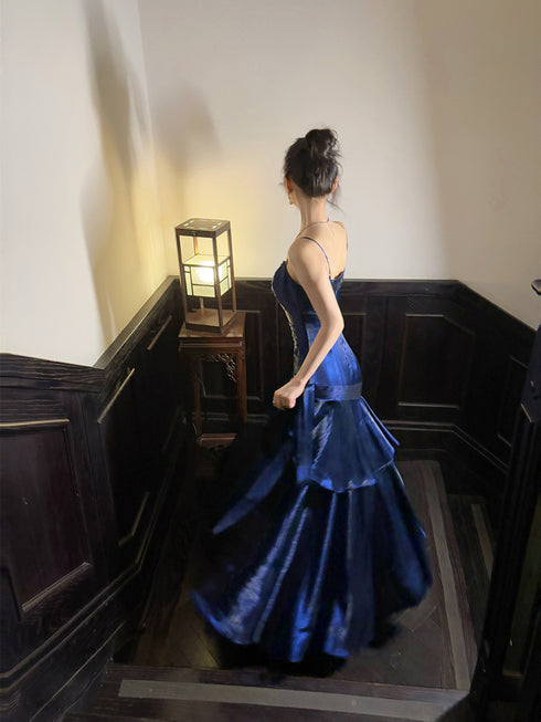 Navy Blue Mermaid Sweetheart Straps Party Dress, Navy Blue Long Prom Dress Evening Dress