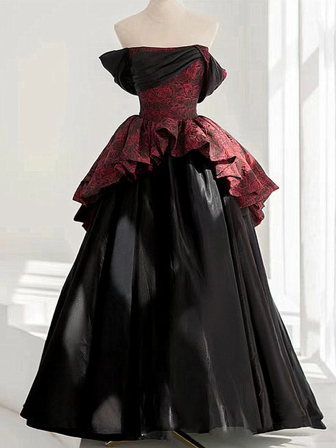 A-line Black and Red Scoop Long Formal Dress, Floral Satin Prom Dress Evening Dress