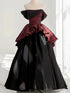 A-line Black and Red Scoop Long Formal Dress, Floral Satin Prom Dress Evening Dress