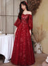 Wine Red Puffy Sleeves Tulle Long Party Dress, A-line Wine Red Floor Length Prom Dress
