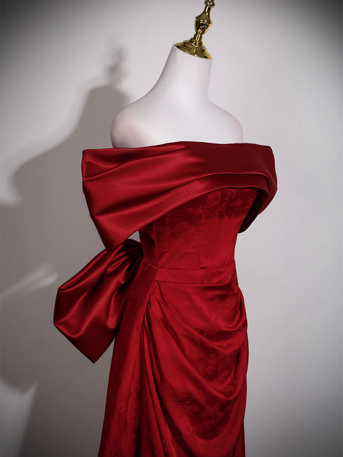 Wine Red Satin Off Shoulder Long Formal Dress with Bow, Wine Red Satin Evening Dress Prom Dress